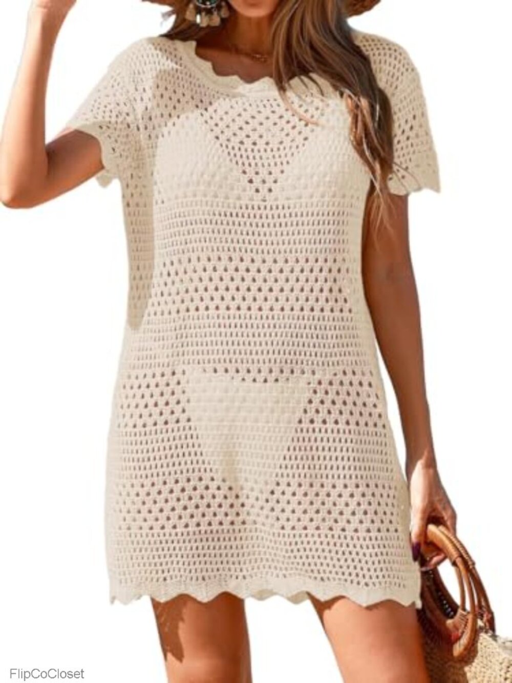 Crochet Swim Cover Up Short Sleeve Mesh Knit Mini Dress Beach